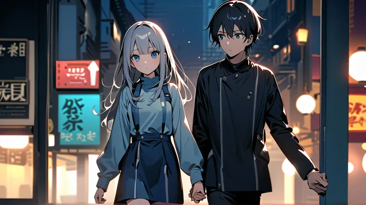  high resolution、 couple( the man has black hair, dark eyes, and cool clothes 。The girl looks young, has long silver hair, small breasts, beautiful blue eyes, a shy expression, and beautiful legs)、night、 walking hand in hand