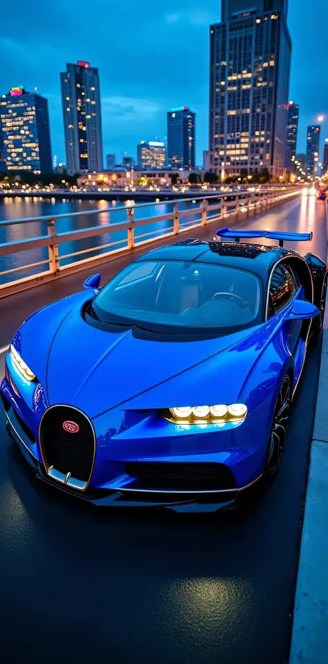 " Bugatti Chiron:

**color:**

* **Intense shade :**  Cobalt Blue shiny metallic (#032B44)  with polished silver details .
* **glow:** high,  with a touch of depth and complexity .
* **paint:** Metallic with  "color change"  depending on the angle of light...