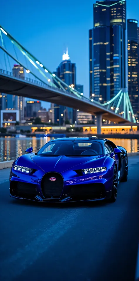 " Bugatti Chiron:

**color:**

* **Intense shade :**  Cobalt Blue shiny metallic (#032B44)  with polished silver details .
* **glow:** high,  with a touch of depth and complexity .
* **paint:** Metallic with  "color change"  depending on the angle of light...