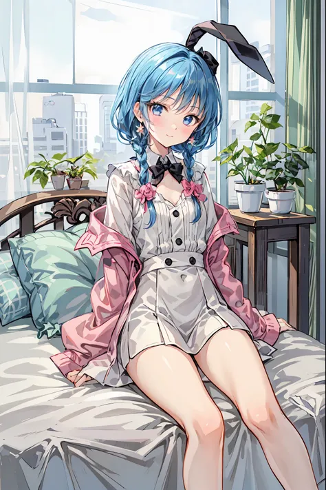  BEAUTIFUL ILLUSTRATION ,  top quality, cute girl, bedroom,  pastel color ,  Hair， Shortcut， unkempt hair，Short braided hair，Neat， slender beautiful woman，Correct posture，Small chest， beautiful legs， has enchanting gray-blue eyes that shine like stars， dro...