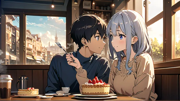 masterpiece, best quality, highly detailed anime illustration, cozy cafe interior, (warm afternoon light:1.2), intimate atmosphere, modern anime style

1boy, 1girl, couple sitting at wooden cafe table, sharing romantic dessert moment
setting: elegant cafe ...