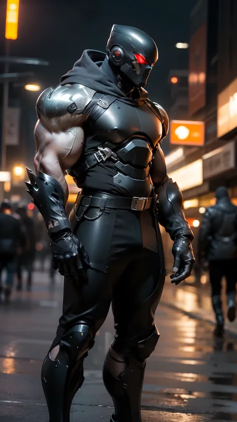 All black metal ninja.   muscular, lean body , chrome grey black metal suit. (( leather gloves ))  Face completely covered by a metal suit ,  except glowing eyes . Stands full height from head to toe Against the backdrop of a fantastic city at night 