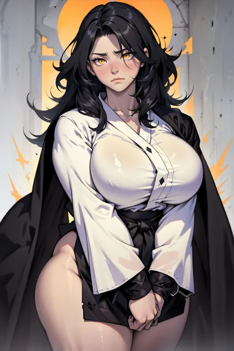 fluffy robe fluffy robe fluffy robe black hair yellow eyes pale skin sad empty eyes embarrassed huge muscles large breasts solo girl