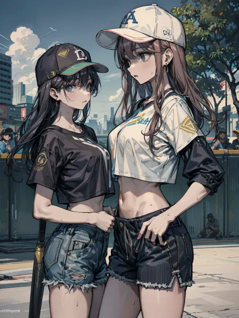 perfect anatomy, correct body, earring, narrow waist, black hair, large breasts, sweat, outdoor, cowboy shot, baseball cap, black T-shirt, crop top, shorts,