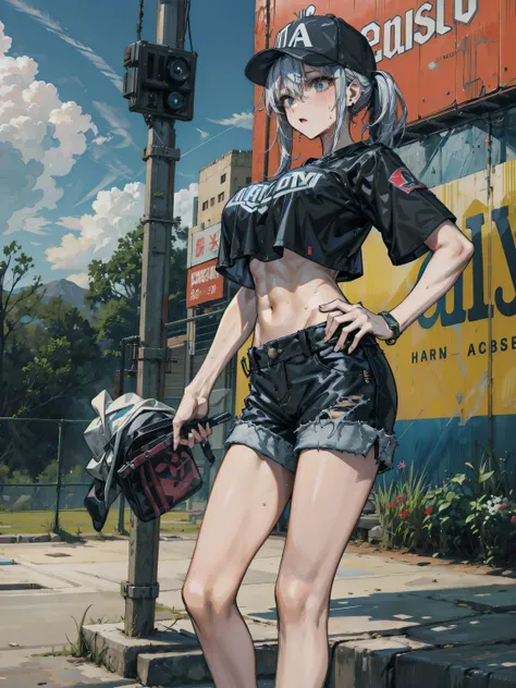 perfect anatomy, correct body, earring, narrow waist, black hair, large breasts, sweat, outdoor, cowboy shot, baseball cap, black T-shirt, crop top, shorts,
