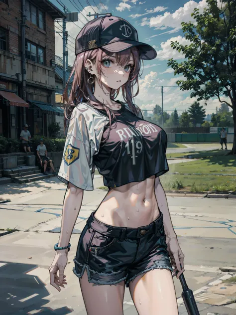 perfect anatomy, correct body, earring, narrow waist, black hair, large breasts, sweat, outdoor, cowboy shot, baseball cap, black T-shirt, crop top, shorts,
