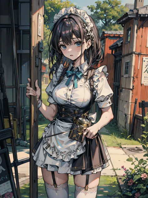 perfect anatomy, correct body, earring, narrow waist, black hair, large breasts, sweat, outdoor, cowboy shot, maid headdress, maid apron, mini skirt, garter belt, white shirt,