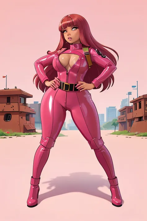 (nicki minaj), (fullbody), curvy, brown skin, long pink hair with bangs, makeup, super detailed, glossy pink latex jumpsuit holding an anti-tank gun, glossy pink latex outfit, wearing black utility belt and gun holsters, background is ruined city, warzone,...