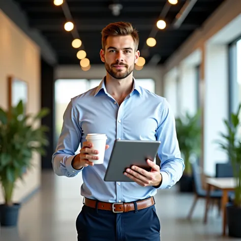 A yong man standing holding his coffee and on his right hand and holding a tab on his left hand and looking forward
(front camera angle)