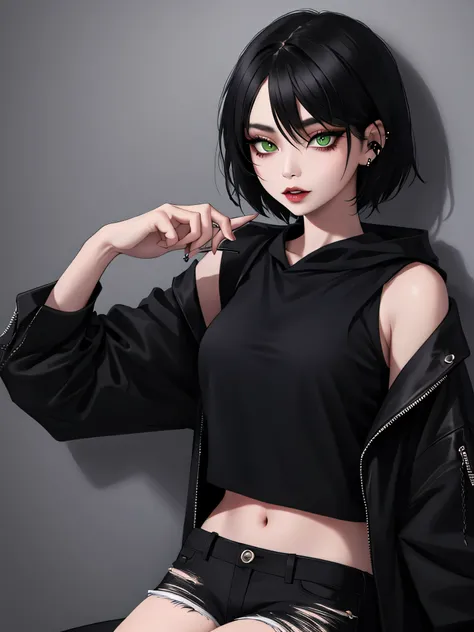 A gothic asian girl,  with black short hair, green eyes, black makeup, with white earphones, with ripped black pants