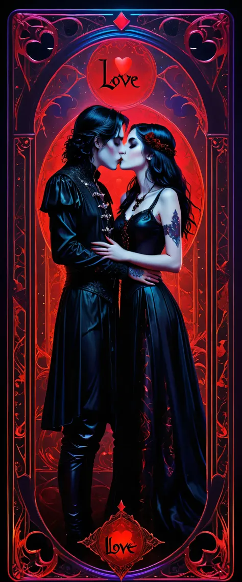 Tarot cards, Couples kissing, Gothic style, mysterious with dark neon and holographic colors, blood red card frame, word - "LOVE IS" detailed inscription, 8k