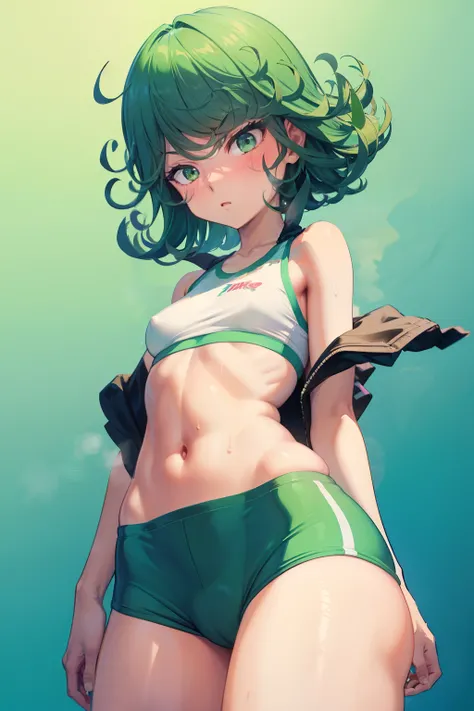 Tatsumaki ,1girl , anime , masterpiece  , green color hair  , sweat , sexy , sport bra , small  breasts , sexy,  dolphin shorts  , long socks , shy , blush , sexy body  , gym   . Standing  