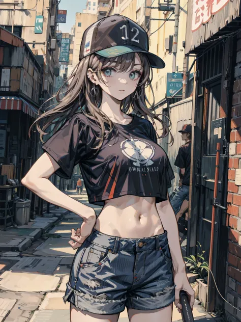 hyperrealistic, ultra-detailed description, perfect anatomy, correct body, earring, narrow waist, black hair, large breasts, outdoor, cowboy shot, baseball cap, black T-shirt, crop top, shorts,