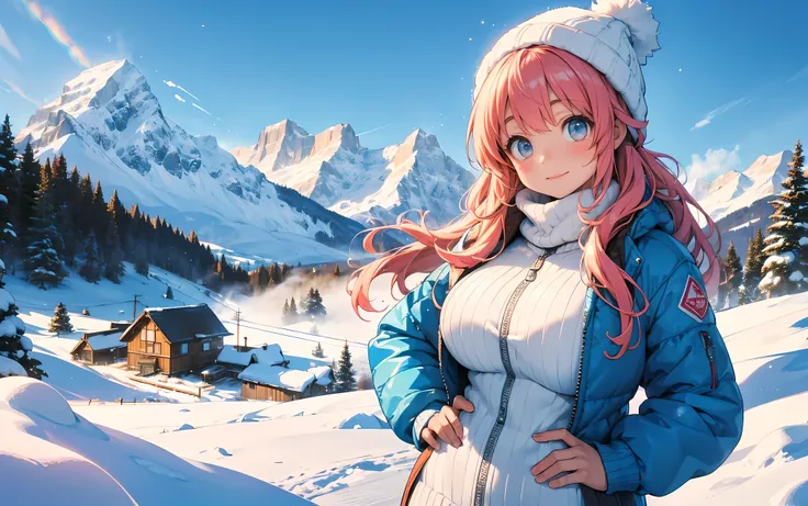 A beautiful young woman with (extremely large breasts:0.8) stands amidst a picturesque, snow-covered mountain landscape. Her partially unzipped ski suit reveals a cozy, knitted sweater with low cut neckline underneath showing big cleavage, hinting at her w...