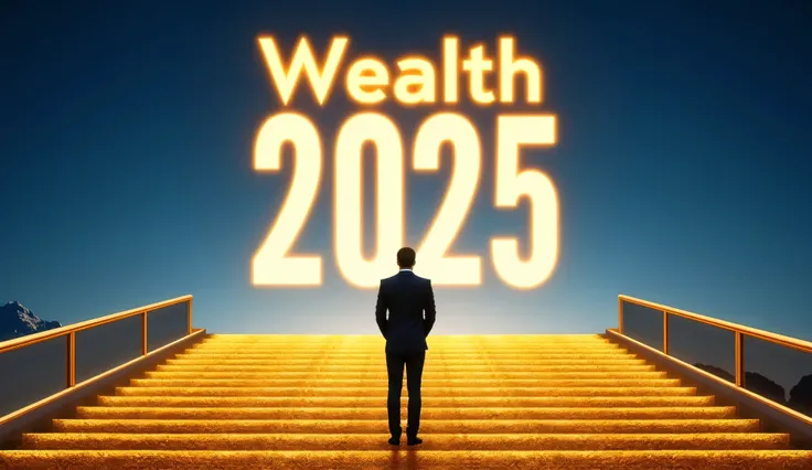 A man in a sleek, dark suit stands confidently on a luxurious golden staircase, gazing up towards a glowing, futuristic sign that reads 'Wealth 2025' in bold, bright letters. The background has a deep blue sky, symbolizing the vast opportunities ahead. The...