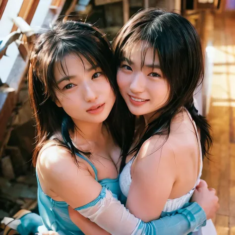  Identical twin sisters hugging each other 、、,of(8k、 live shooting、 top quality、 Masterpiece:1.2)、 very detailed、 super resolution on the floor、(Hyper Genuineity、) very detailed、 super resolution on the floor、(Genuine、実際of写真:1.47)、 exhilarating roofExcelle...