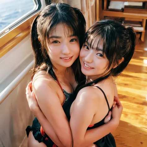 Identical twin sisters hugging each other 、、,of(8k、 live shooting、 top quality、 Masterpiece:1.2)、 very detailed、 super resolution on the floor、(Hyper Genuineity、) very detailed、 super resolution on the floor、(Genuine、実際of写真:1.47)、 exhilarating roofExcelle...