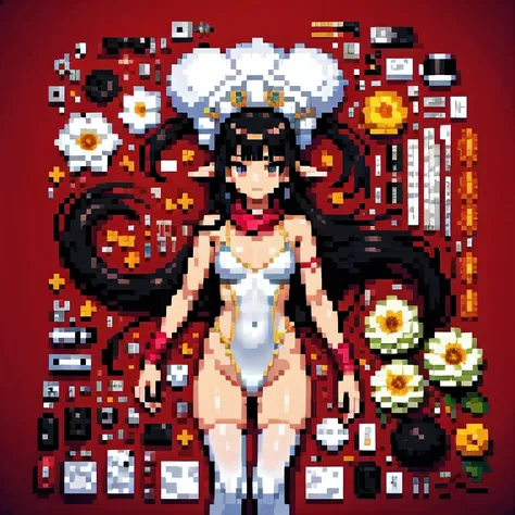 32 K（tmasterpiece，k hd，hyper H D，32 K）Long flowing black hair，ponds，z ydink， a color， Asian people （Silly girl）， （Silk scarf）， Combat posture， looking at the ground， long whitr hair， Floating hair， Carp pattern headdress， Chinese long-sleeved clothing， （ab...