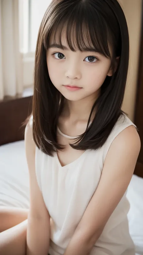 8k、Elementary school beautiful girl、A dark-haired、detailed beautiful faces、very short pants,  hotel bedroom、、decolletage、 sitting on bed 