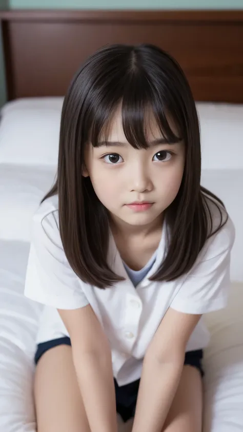 8k、Elementary school beautiful girl、A dark-haired、detailed beautiful faces、very short pants,  hotel bedroom、、decolletage、 sitting on bed 