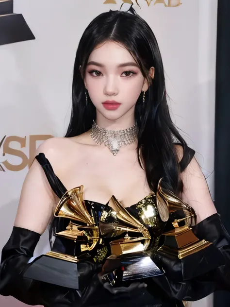 a woman in a black dress holding two awards in her hands, grammy award winning, dua lipa, 2019, 2 0 1 9, lana del rey, 2018, 2 0 1 8, taken in the early 2020s, edited, hailee steinfeld, 2 0 2 0, 2020, charli xcx