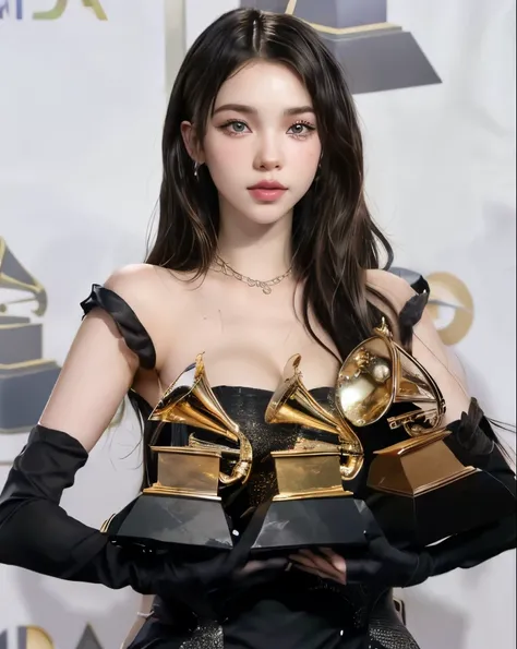 a woman in a black dress holding two awards in her hands, grammy award winning, dua lipa, 2019, 2 0 1 9, lana del rey, 2018, 2 0 1 8, taken in the early 2020s, edited, hailee steinfeld, 2 0 2 0, 2020, charli xcx