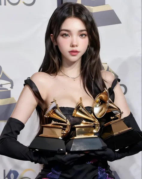 a woman in a black dress holding two awards in her hands, grammy award winning, dua lipa, 2019, 2 0 1 9, lana del rey, 2018, 2 0 1 8, taken in the early 2020s, edited, hailee steinfeld, 2 0 2 0, 2020, charli xcx