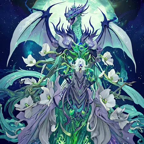  Create an illustration in the artistic style of  * yu-gi-oh! master duel*  of a majestic dragon fused with the  *Ghost Orchid * (*Dendrophylax lindenii*), , one of the rarest and most enigmatic flowers in the world .  

. This floral dragon has a slender ...