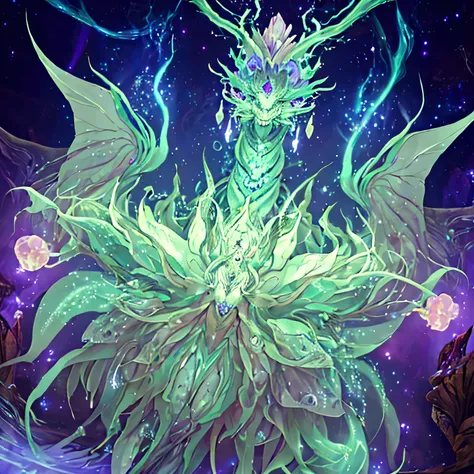   Create an illustration in the artistic style of   *  yu-gi-oh! Master's duel *    of a majestic dragon fused with the    *Ghost Orchid  * (* Dendrophylax lindenii *), ,  , one of the rarest and most enigmatic flowers in the world   .  

.   This floral d...