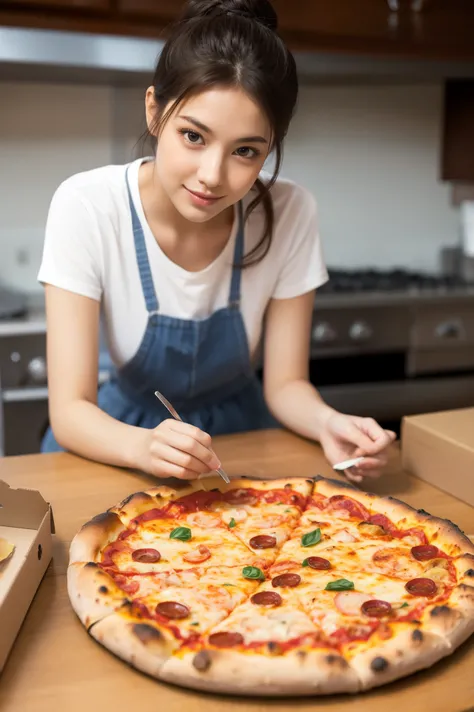 realistic pictures、Pizza on the desk、New York pizza、It's in the delivery box。 HD、 high quality