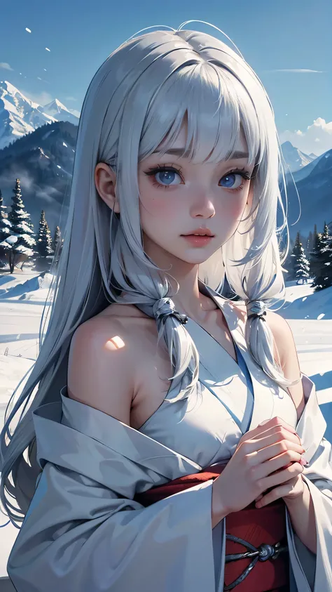  high resolution、 anatomically accurate on a stepladder、 top quality、 Textured Skin、 8k octane 、


 1 girl,  Ghosts，(whole body)，Snow Woman， standing，
Outdoors,  Silver Hair,  off shoulder, Mountain,whole body，
cloud y empty,  ( Masterpiece),( Extremely Hi...