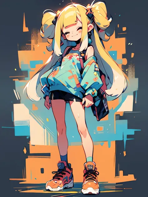 (( chibi)),Alone,fullbody,blonde tunel,blunt bangs,cute face, camisole,miniskirt, absolute domain,( yokozuwari ),closed eyes smile,( manga style),(sketch),(illustration),