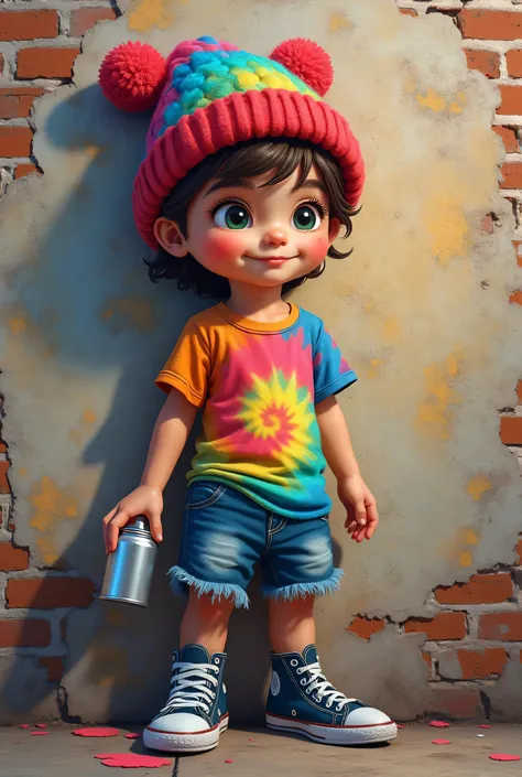 A hyperrealistic cartoon playful boy with an aerosol can, wearing a cuty and colorful wool cap, tie dye t-shirt, old denim shorts that are frayed at the hem, pintando a portrait on a wall, rainbow colors, gothic style, on the wall in the form of an urban g...