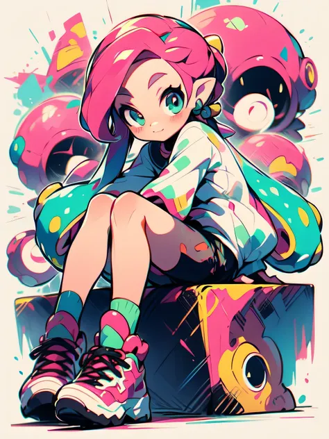 (( chibi:1.3)),sideview,Alone,fullbody,bright pink tiwntail,forehead,cute face, camisole,miniskirt, knee-high socks, absolute domain,(sitting indian style),shiny smile,with pikachu( Pokemon ),(Octopus legs get entangled a lot:1.3),( manga style),(sketch),(...