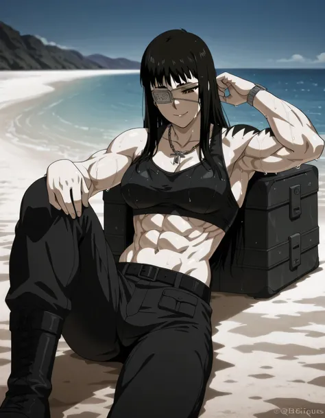 1girl,solo,,mature female,black hair,eyepatch,brown eyes,medium breasts,anime coloring,long hair,
muscular,black tight sport bra and black trousers with belt,cowboy shot, , wet,beach, tattoo, 
,masterpiece,best quality,amazing quality,,muscles and,muscles ...