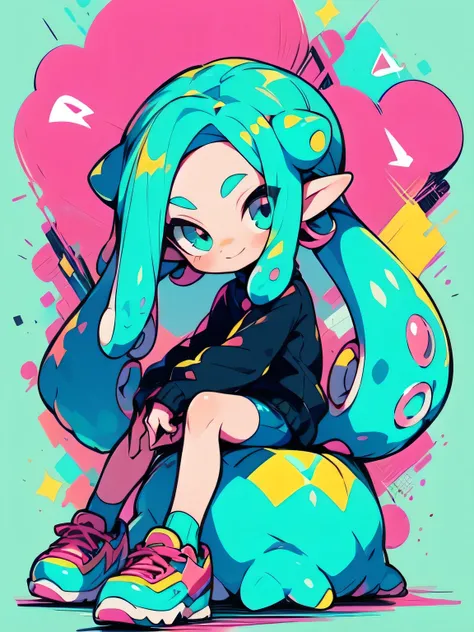 ((( chibi:1.3))),sideview,Alone,fullbody,bright pink tiwntail,forehead,cute face, camisole,miniskirt, knee-high socks, absolute domain,(sitting indian style),shiny smile,with pikachu( Pokemon ),(Octopus legs get entangled a lot:1.3),((octopus legs backgrou...