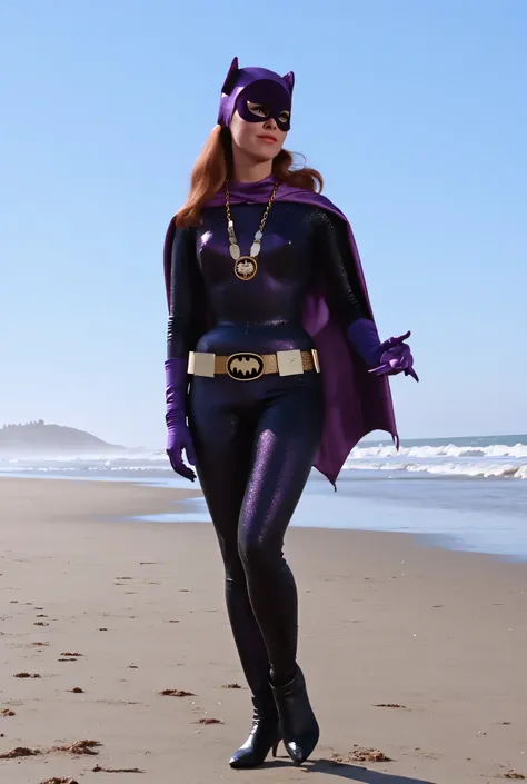 (nude) (Catwoman Julie Newmar), mask, long hair, sparse pubic hair), full body, sexy, flirting, on a deserted California beach