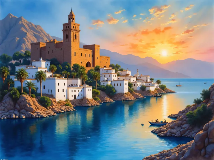 This vibrant watercolor captures the beauty of a mountain village at a magical moment of sunrise. The scene is centered on an ancient stone castle crowned by a towering tower, surrounded by white mud-roofed buildings that shine among palm trees, and adorne...