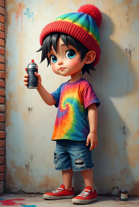 A hyperrealistic cartoon playful boy with an aerosol can, wearing a cuty and colorful wool cap, rainbow colors, tie dye t-shirt, old denim shorts that are frayed at the hem, gothic style, painting a naruto on the wall on rectangular canvas in portrait posi...