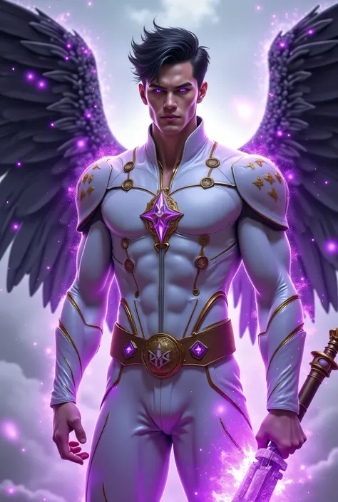 "A magic-powered 40-year-old White Caucasian male archangel God in a white suit with purple inclusions and gold metal details. Holding a spiked mace. Surrounded by holographic purple magical energy. Black hair. Bright purple glowing eyes. Muscular build. L...