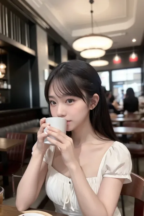 woman drinking coffee in a cafe、 wearing a white dress。