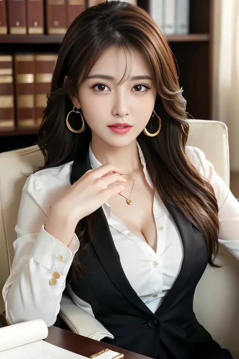 masterpiece、 best quality 、 real 、 very detailed on trends、 with finer details、High Resolution、8k wallpaper、1 beautiful woman、At the office、 Light Brown Disheveled Hair、 perfect dynamic configuration、 beautiful beautiful eyes、 Big Earrings 、 sitting on a c...