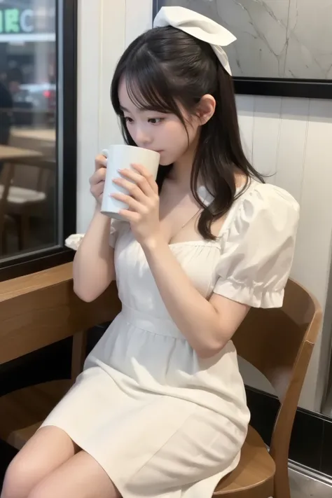 woman drinking coffee in a cafe、 wearing a white dress。 holding a mug in the left hand、The right hand holds a cell phone。