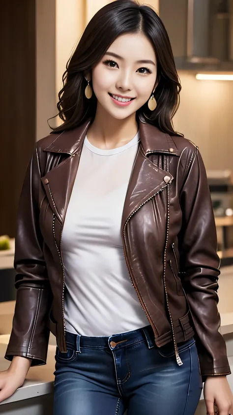 ((( LEATHER JACKET　Ｔ shirt　Jeans)))  anatomically correct 5 fingers　 beautiful Korean woman in front of the machine　 wavy hair 　 earrings　 Bar Counter 　 standing　Big Breasts　Sensual body　 plump thighs　 cute charming smile