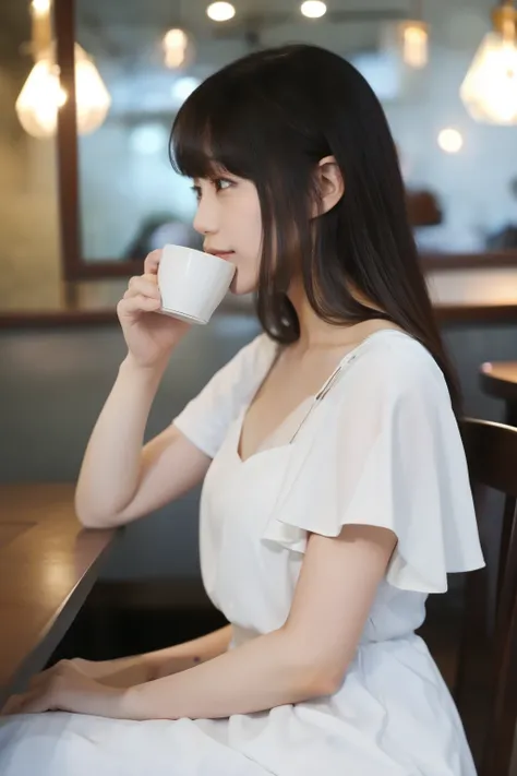  woman drinking coffee in a cafe、 wearing a white dress。