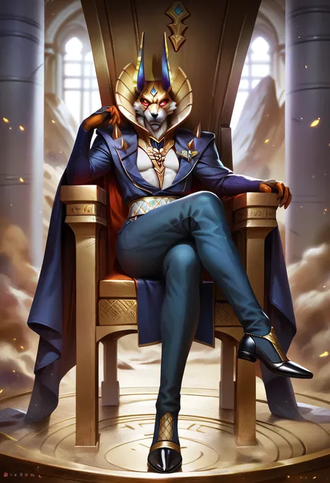 masterpiece, detailed, detailed eyes, detailed face, detailed hands, adult male, sander, dislyte, anubian jackal, gold mask, red eyes, red sclera, grey fur, glowing eyes, long ears, fully clothed, sitting in an throne with crossed legs, crossed legs, cross...