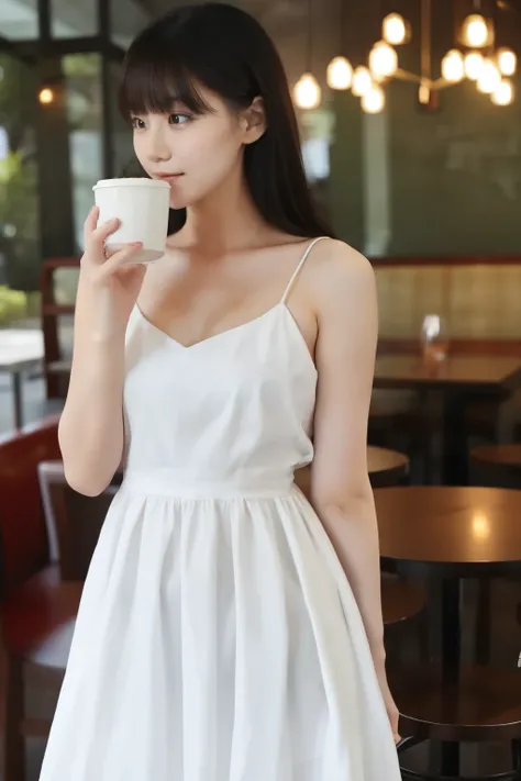  woman drinking coffee in a cafe、 wearing a white dress。