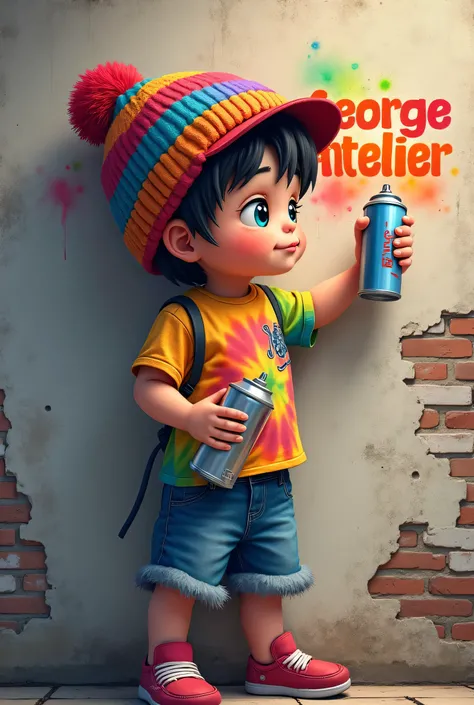 A hyperrealistic cartoon playful boy with an aerosol can, wearing a cuty and colorful wool cap, rainbow colors, tie dye t-shirt, old denim shorts that are frayed at the hem, gothic style,  puts a large inscription "George Atelier" rainbow colors, gothic st...