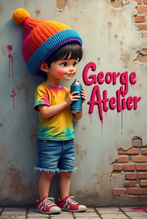 A hyperrealistic cartoon playful boy with an aerosol can, wearing a cuty and colorful wool cap, rainbow colors, tie dye t-shirt, old denim shorts that are frayed at the hem, gothic style,  puts a large inscription "George Atelier" rainbow colors, gothic st...