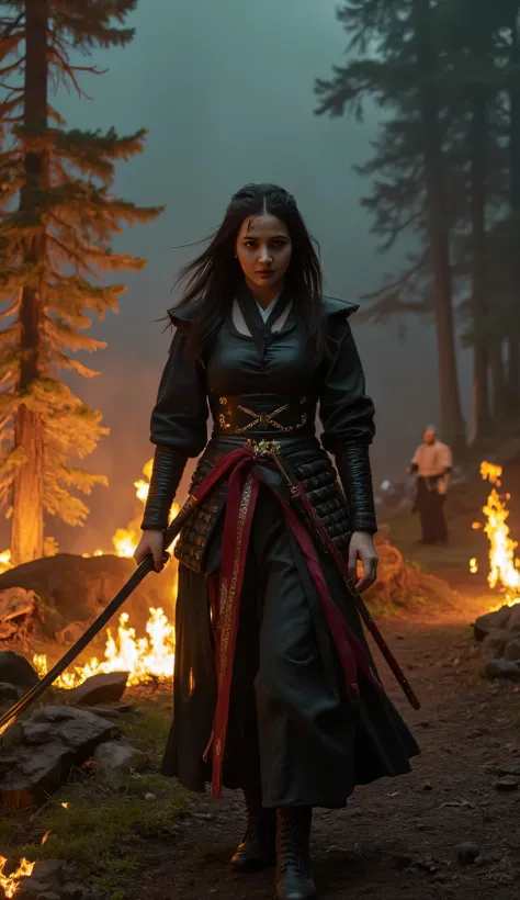 A beautiful woman, with long hair, bruises on the face, look to the audience, wearing samurai clothes, walking in the middle of a burning forest, different-looking samurai sword , The background is thick fog , sparks , sparks of rocks , Cinematic, photor...